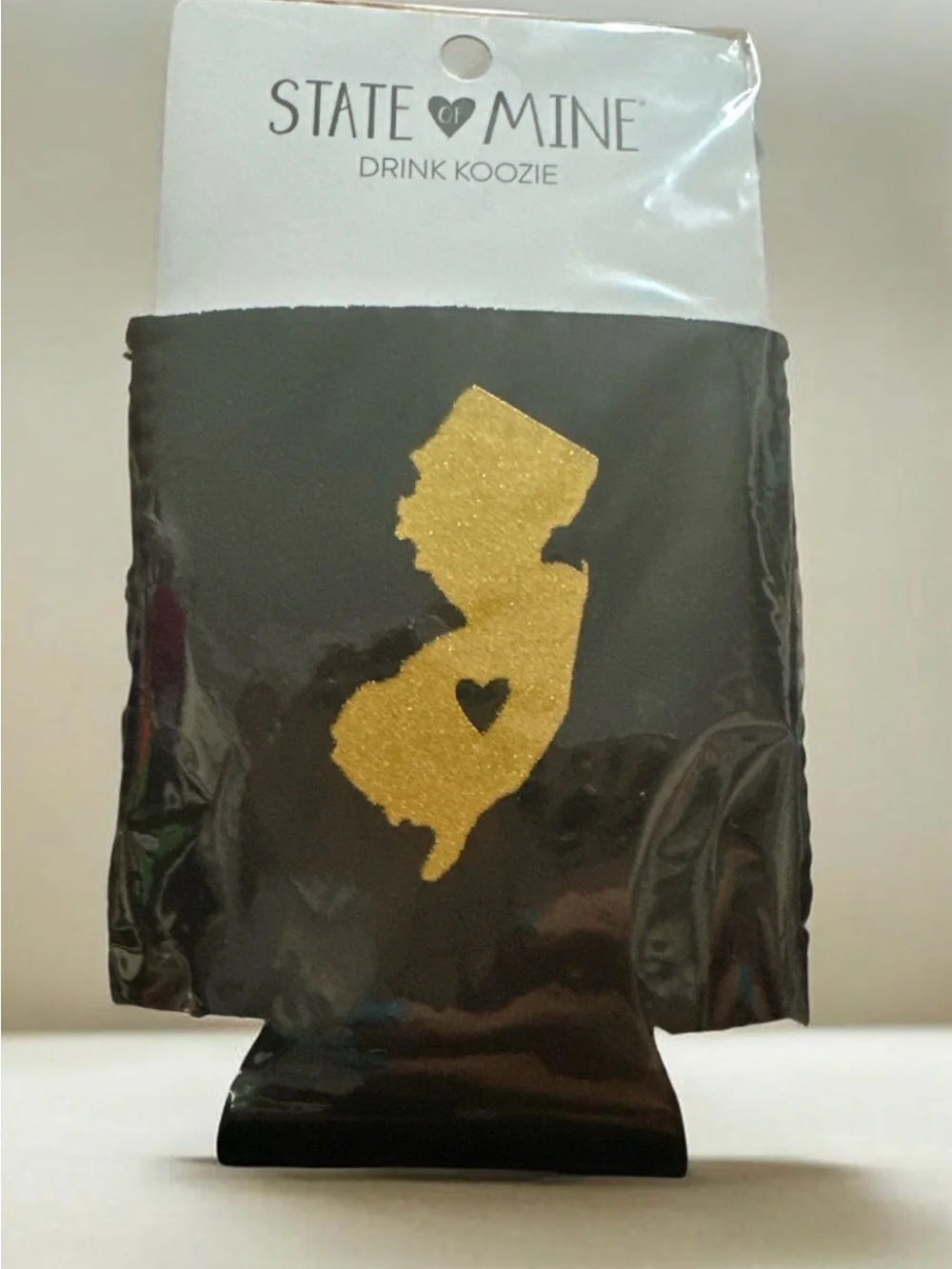 State of Mine Black Drink Koozie with Gold NJ Heart 1840